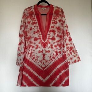 Mudpie L Coral & WhiteCover-Up Long V-Neck Top Long Roll Tab Sleeves Slit Sides